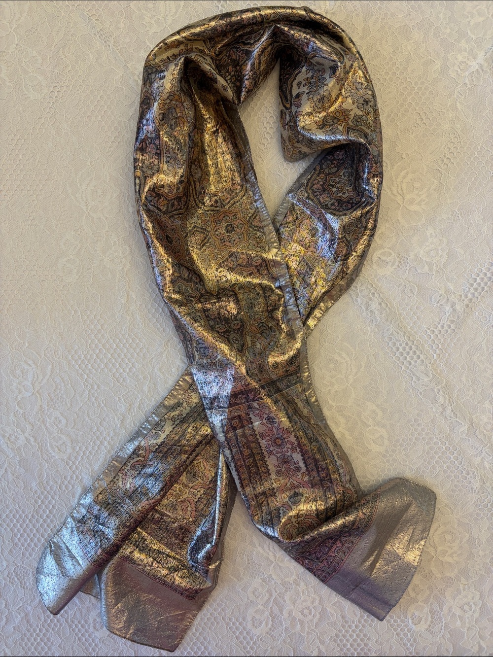 Vintage 80s Oscar de la Renta Metallic Paisley Scarf - Gold & Bronze